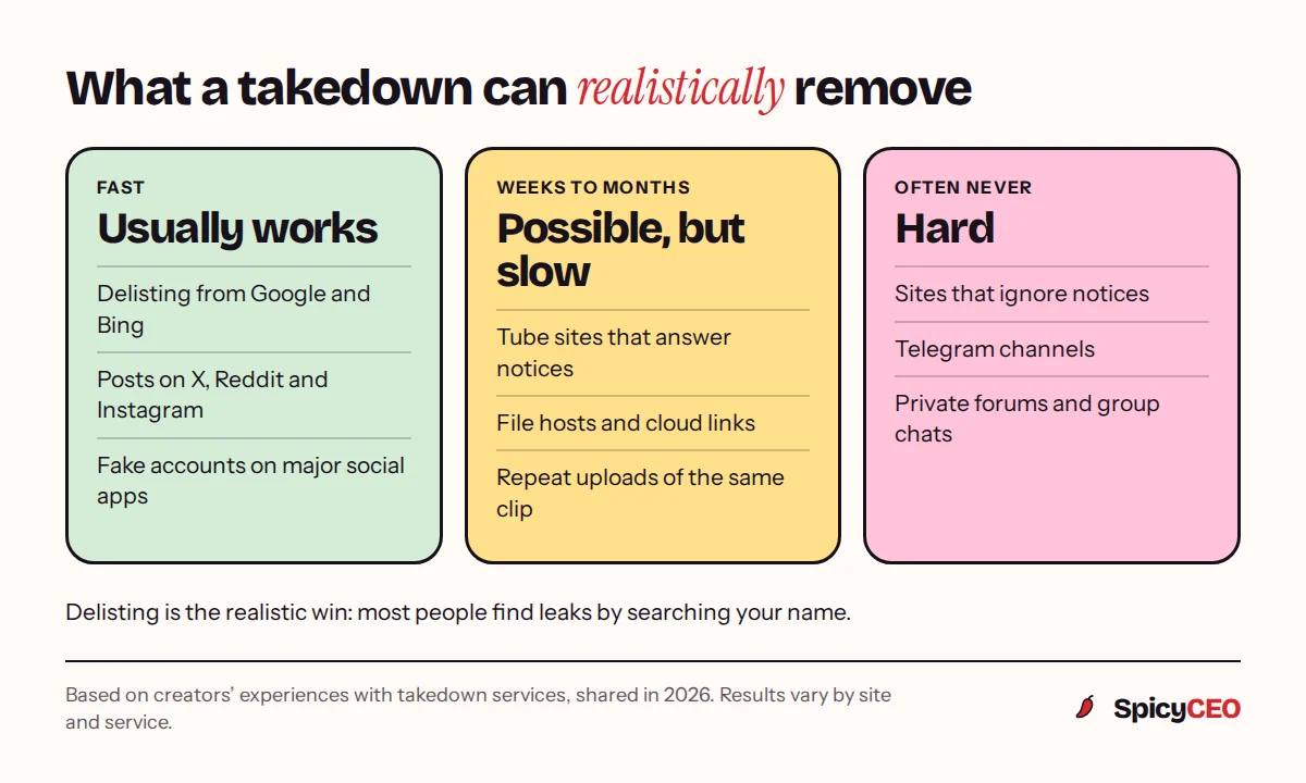 Three tiers of what takedowns can realistically achieve: usually works (Google and Bing delisting, posts on X, Reddit and Instagram, fake accounts on major social apps), possible but slow (tube sites that answer notices, file hosts), and hard (sites that ignore notices, Telegram channels, private forums)