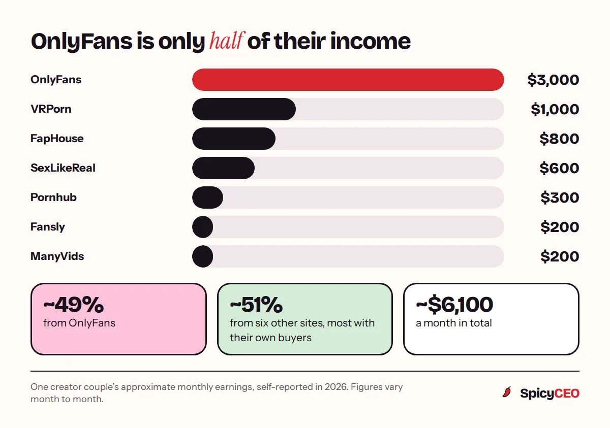 Bar chart of one creator couple’s approximate monthly earnings by platform: OnlyFans about $3,000, VRPorn $1,000, FapHouse $800, SexLikeReal $600, Pornhub $300, Fansly $200 and ManyVids $200
